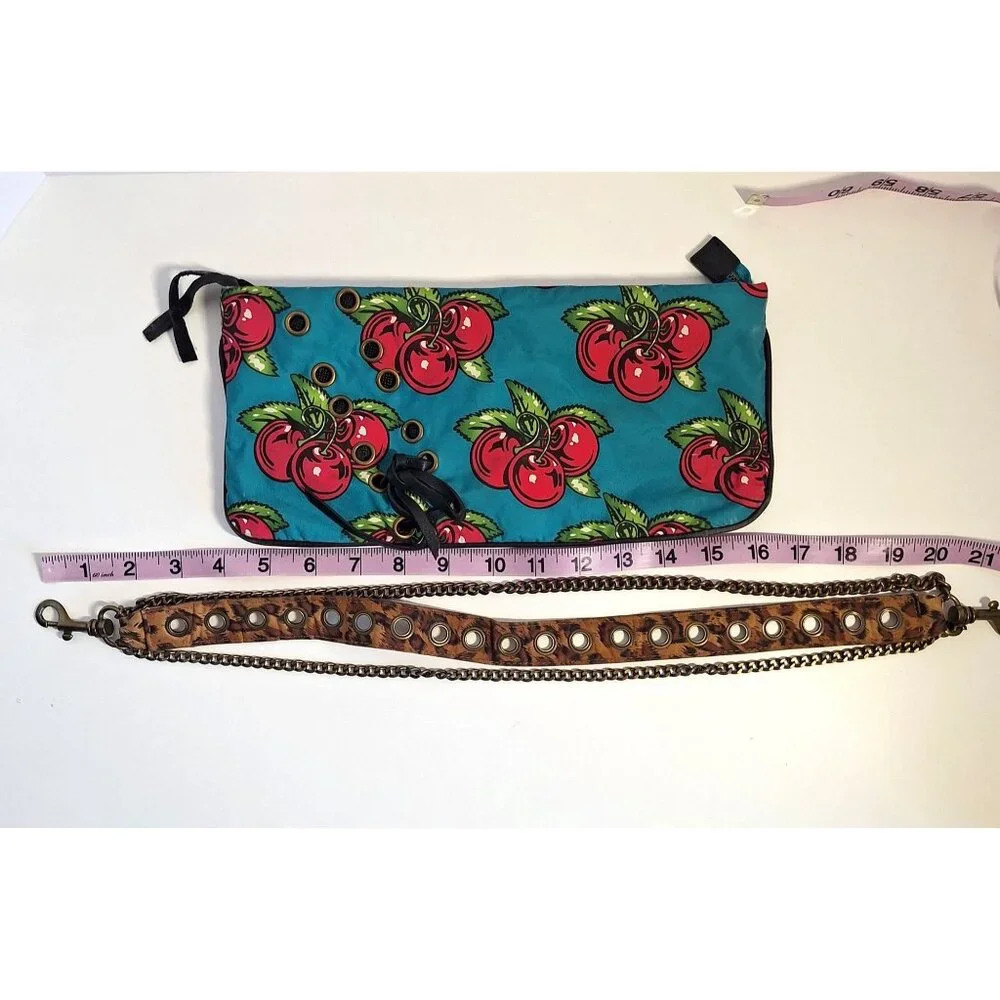 Betseyville Betsey Johnson Cherry HandBag Purse Chain & Leather Strap Turquoise - Picture 8 of 9